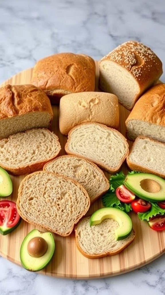 A variety of gluten-free bread loaves on a cutting board with fresh ingredients.